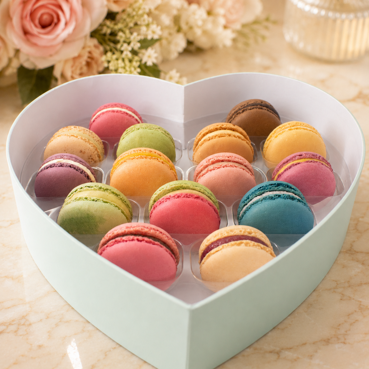 Herz Macaron Geschenkbox - Sorten Karrussell