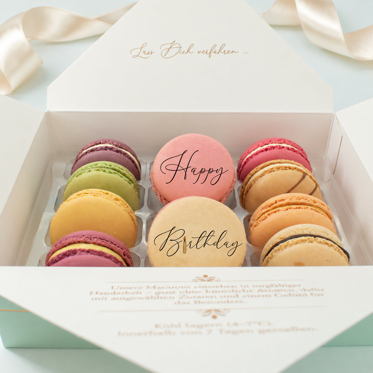 Macaron-Geschenkbox mit Botschaft – 12 Stück
