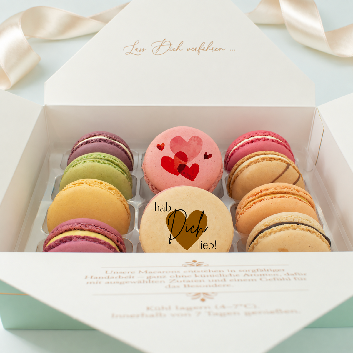 Macaron-Geschenkbox mit Botschaft – 12 Stück