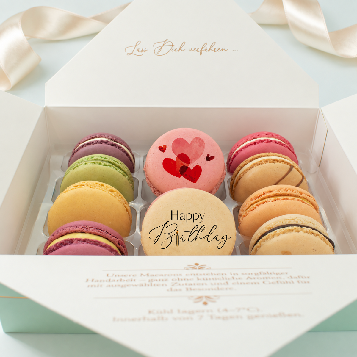 Macaron-Geschenkbox mit Botschaft – 12 Stück