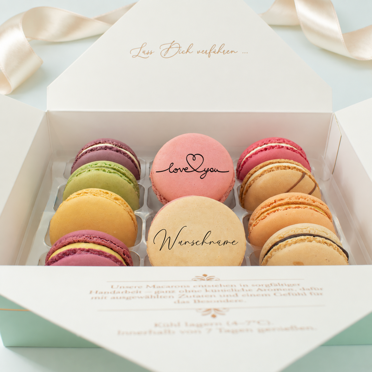 Macaron-Geschenkbox mit Botschaft – 12 Stück