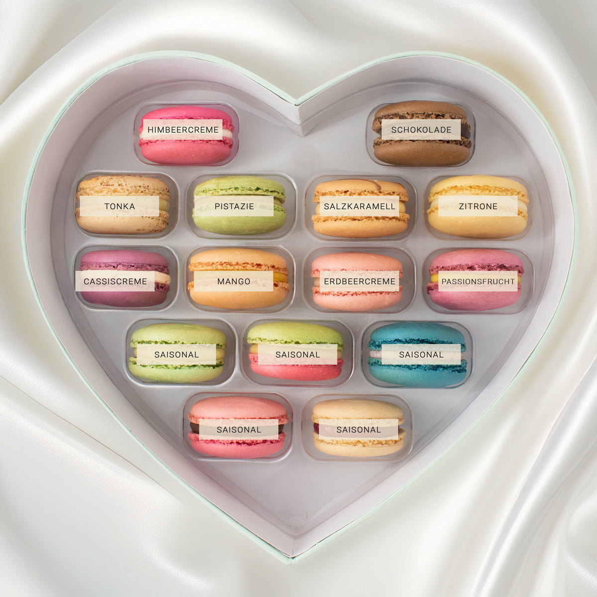 Herz Macaron Geschenkbox - Sorten Karrussell