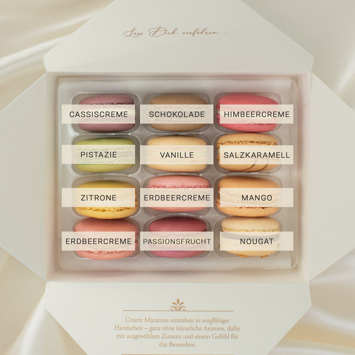 Macaron-Geschenkbox mit Botschaft – 12 Stück